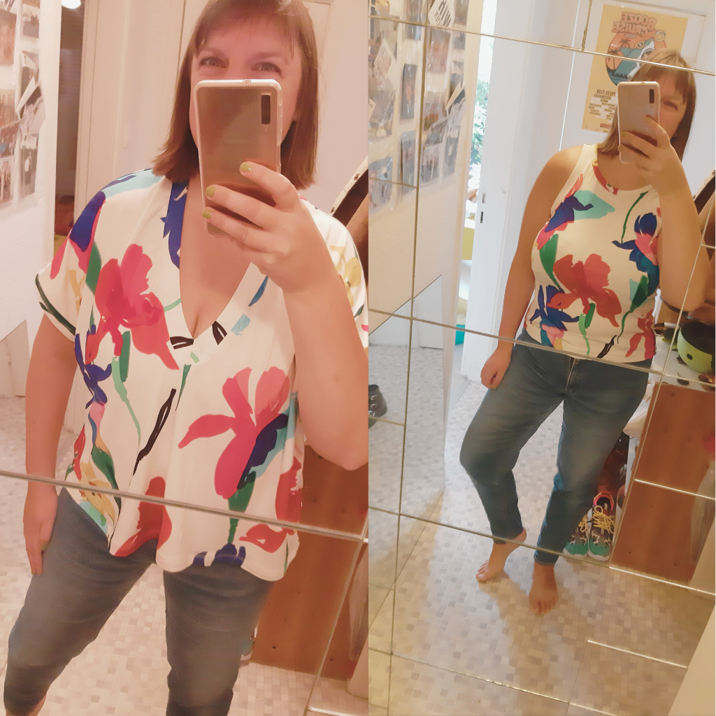 Spiegelselfie von Tine Sews, die sowohl ihr neues, selbstkonstruiertes T- Shirt als auch ein Blomma Tank Top von Paradise Pattern zeigt